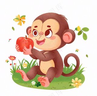 猴子吃苹果丛林植物动物卡通插画免抠