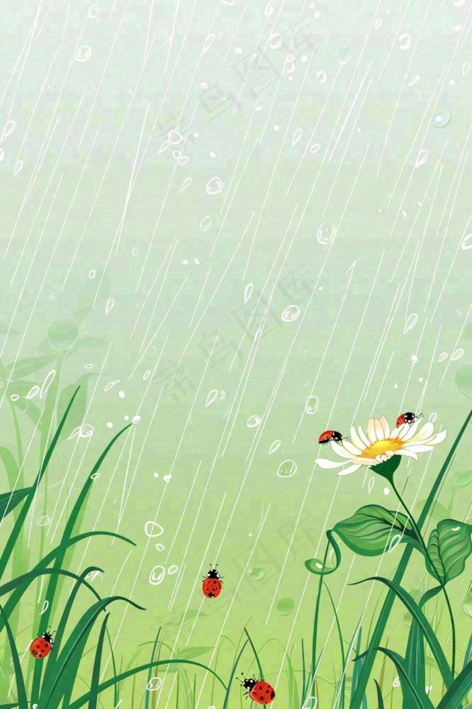 春天草丛花丛昆虫下雨天雨水惊蛰谷雨卡通插画背景(896x1344)