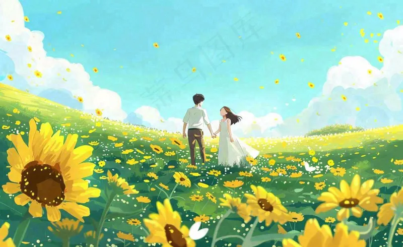 向日葵花海里的情侣恋人浪漫蓝天白云立夏夏至情人卡通插画背景(1408x864)