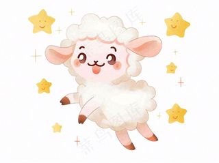 小绵羊夜晚数星星动物卡通插画免抠