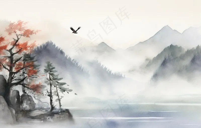 山水水墨画云层山峰中国风插画背景(1360x864)