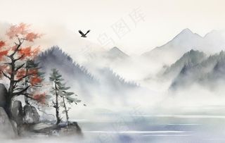 山水水墨画云层山峰中国风插画背景