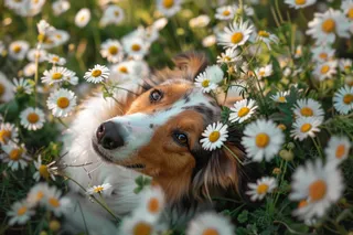 边牧小雏菊里的小狗摄影图