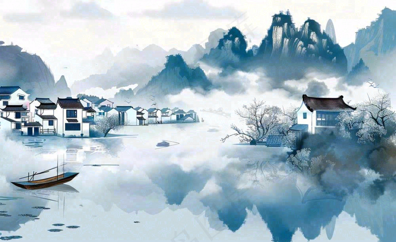 水墨山水江南水乡屋檐白露寒露冷清插画背景(1408x864)