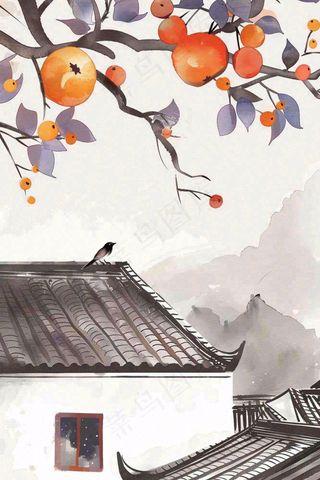 秋天婺源村庄柿子树老式建筑屋檐中国风国画水彩立秋秋分处暑背景