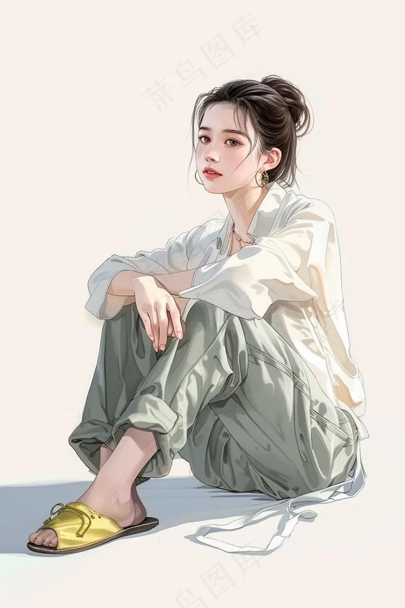 蹲坐着的少女朝气马尾发型插画背景(2688x4032)