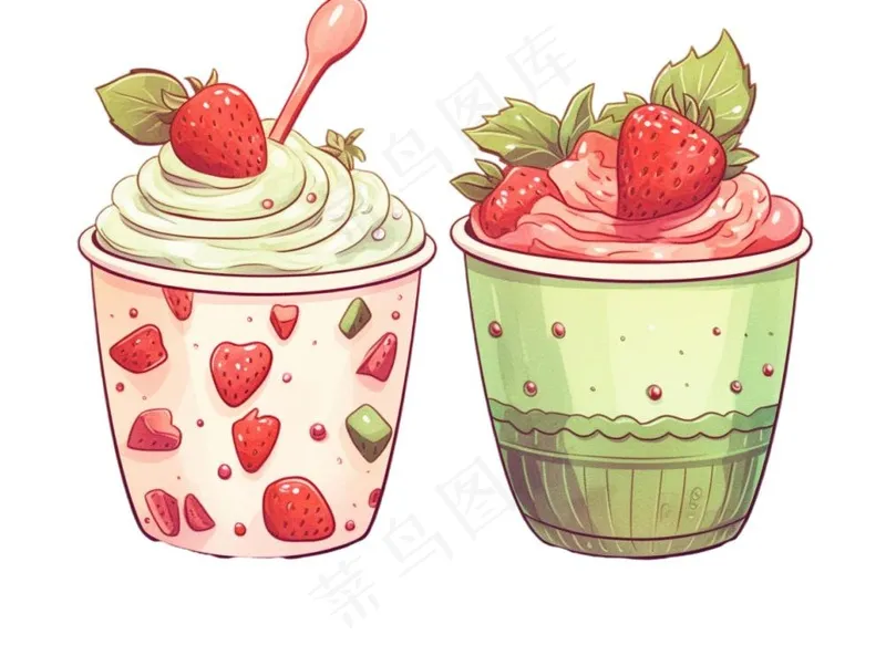 抹茶草莓奶茶奶油夏日清凉饮品卡通手绘插画免抠(1232x928)
