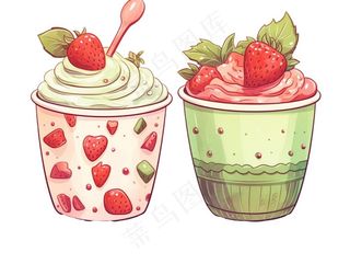 抹茶草莓奶茶奶油夏日清凉饮品卡通手绘插画免抠