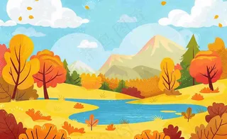 秋天金黄的森林山坡树木落叶蓝天白云立秋秋分处暑卡通插画背景