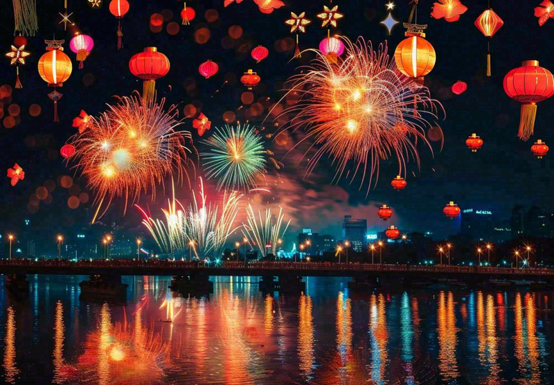 节日庆祝江上烟花活动灯笼背景
