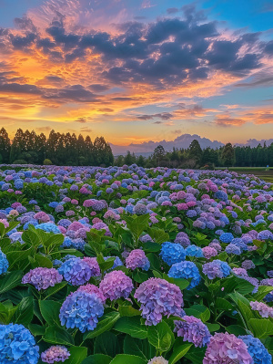 晚霞与绣球花
