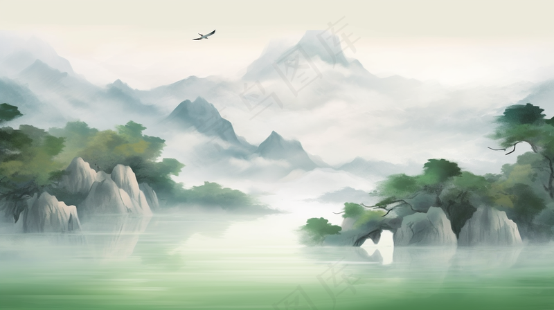 国风山水山峰云层水墨画丹青插画背景