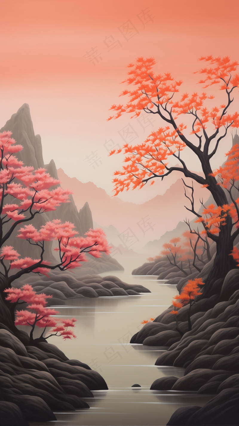 国风山水画河流花草国画水墨画素材背景(2448x4368)