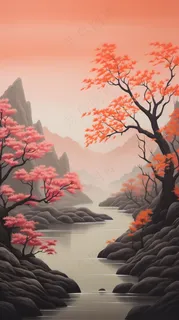 国风山水画河流花草国画水墨画素材背景