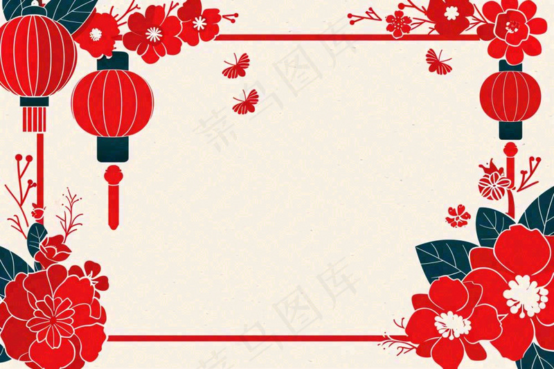 红色剪贴纸边框红灯笼红花梅花喜庆节日新年春节小年除夕插画背景(1344x896)