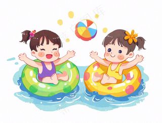 游泳游泳圈儿童水上乐园运动卡通插画免抠