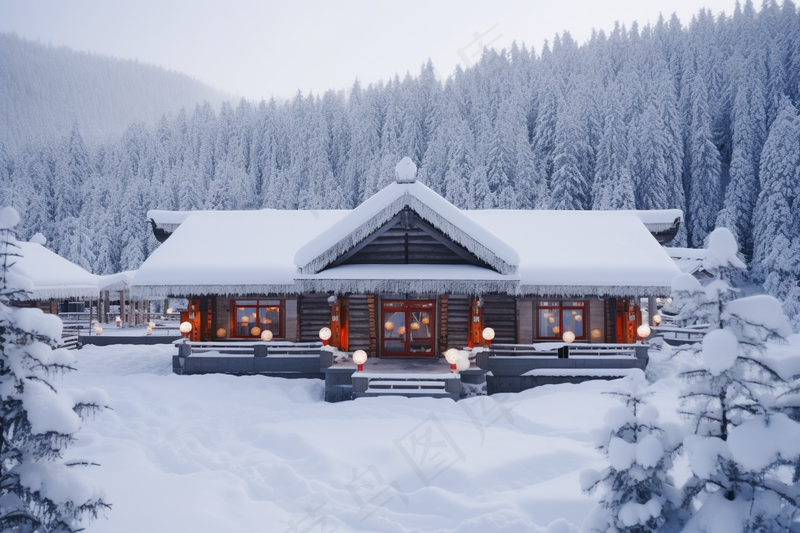 冬日雪山小木屋白雪覆盖摄影图(4032x2688)
