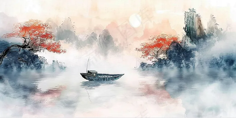 水墨山水画小船河面山川连绵国画插画背景(4368x2190)