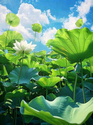 夏日荷花荷叶池塘绿叶下蓝天白云立夏大暑小暑摄影图