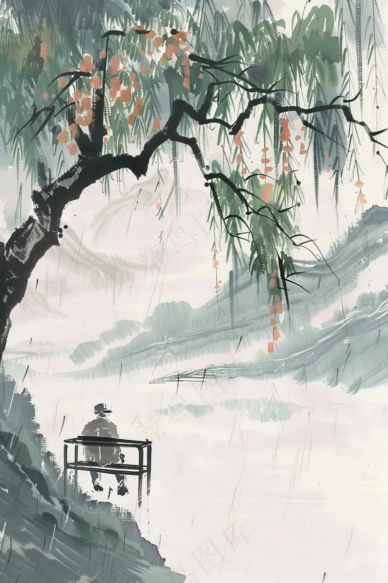 水墨江南凉亭下的诗人阴雨连绵插画背景(2688x4032)