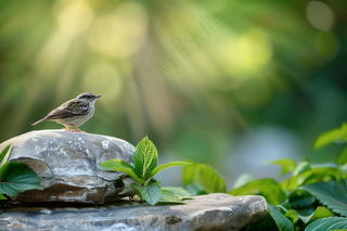 夏日公园石头上的小鸟绿意摄影图