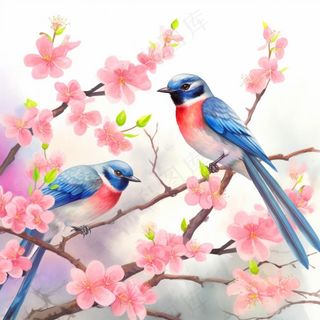 桃花樱花树枝上的蓝色小鸟插画背景