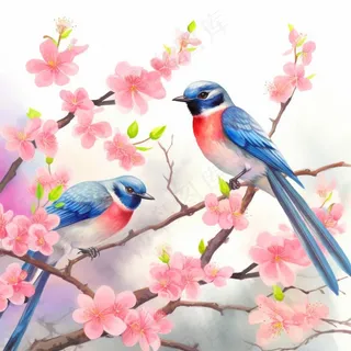 桃花樱花树枝上的蓝色小鸟插画背景