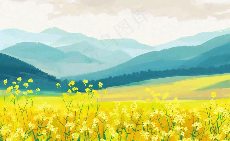 春天油菜花花田山峦蓝天白云惊蛰春分卡通插画背景(1408x864)