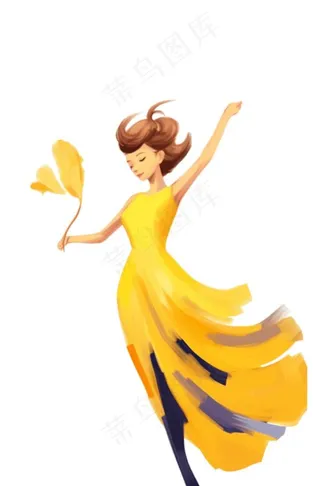 女孩少女拿着黄叶起舞美丽的裙摆卡通插画免抠