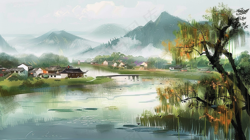 水墨江南水乡国画河边小镇插画背景(4368x2448)