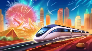 春节春运高铁轻轨列车开往回家的路科技卡通插画背景