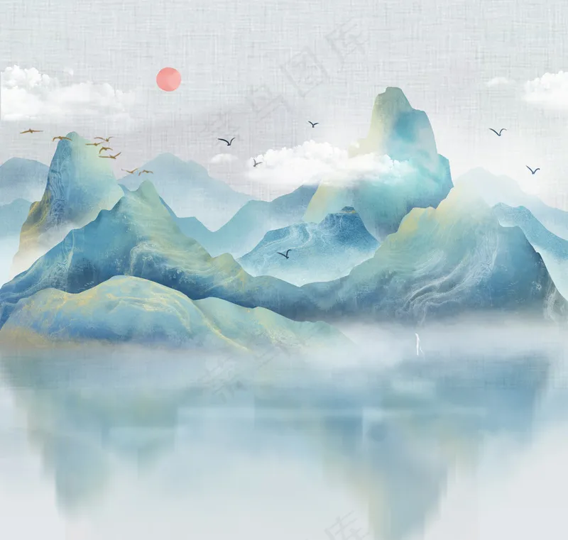 蓝色雅致青山绿水中国风水墨画背景psd模版下载