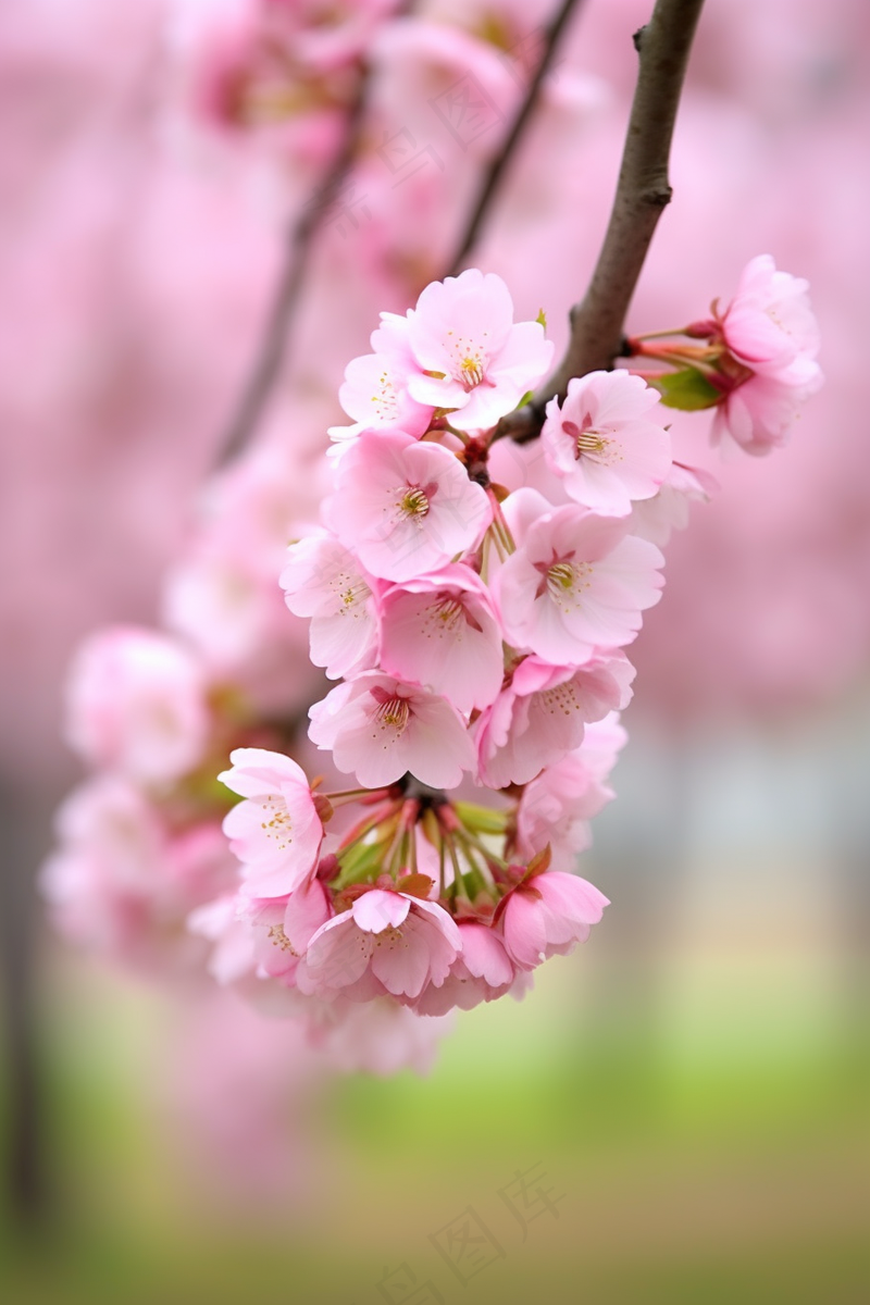 粉梅花春天桃花樱花树枝抽新芽摄影图