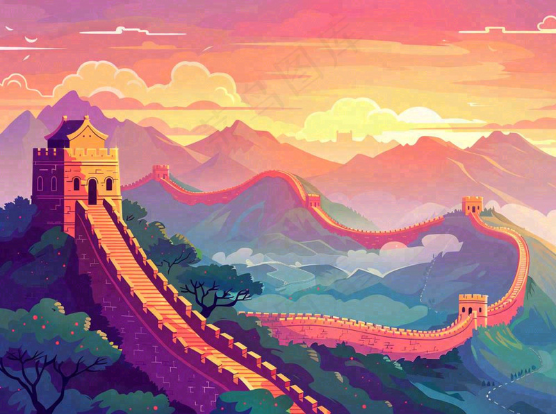 万里长城中国山河国潮插画北京旅游景点八一建军节红色文化卡通插画背景(1264x944)