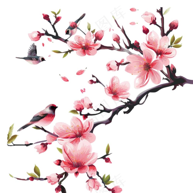春天桃花树枝小鸟插画免抠(1024x1024)