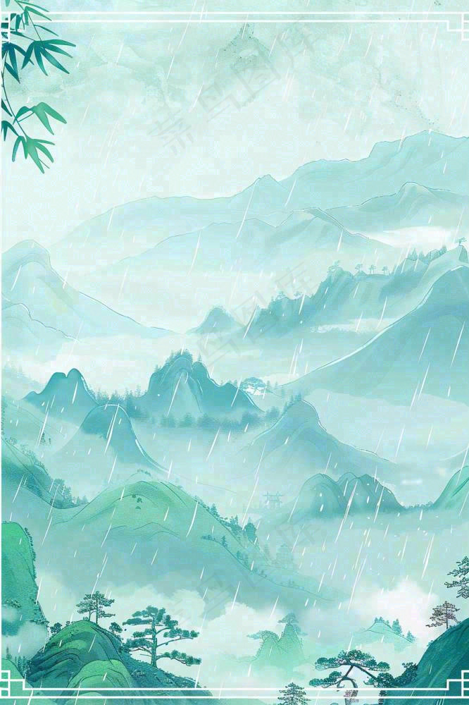 春天中国风古风山水水墨画雨天雨水谷雨清明插画背景(896x1344)