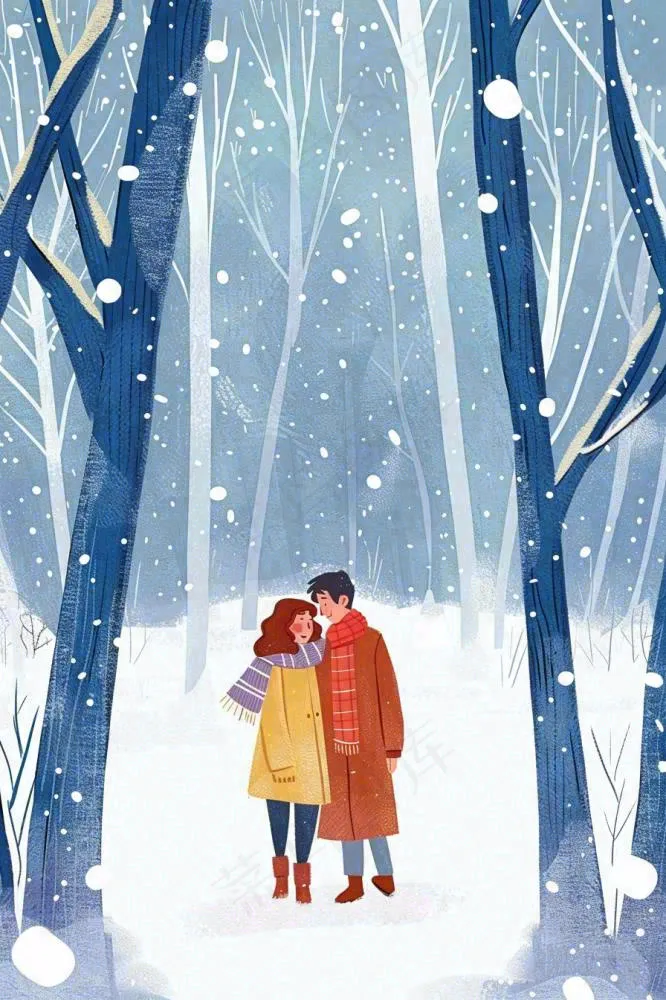 冬天森林里的情侣相拥赏雪白桦树白雪立冬小雪冬至卡通插画背景(896x1344)