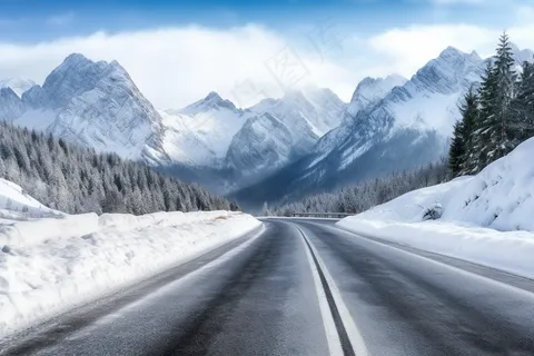 冬季雪山森林雾凇公路道路摄影图