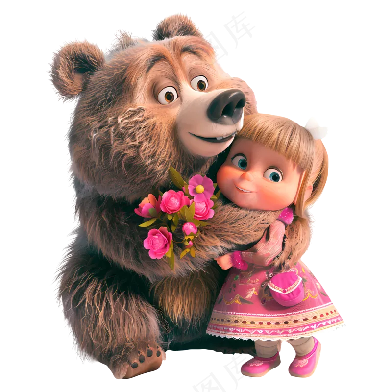 免抠拿着花抱小熊的卡通小女孩