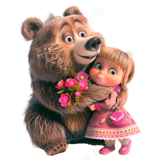 免抠拿着花抱小熊的卡通小女孩