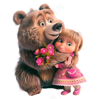 免抠拿着花抱小熊的卡通小女孩