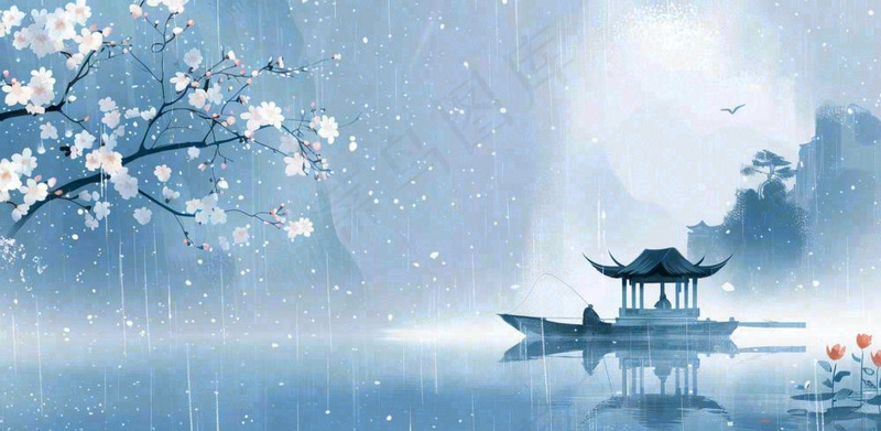 雨水春分清明节清明节唯美古风意境山水风景插画海报背景