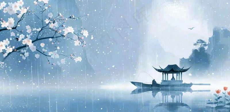 雨水春分清明节清明节唯美古风意境山水风景插画海报背景(1568x768)