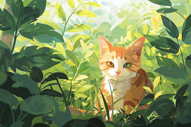 春日草丛里的猫橘猫可爱卡通插画背景(4032x2688)