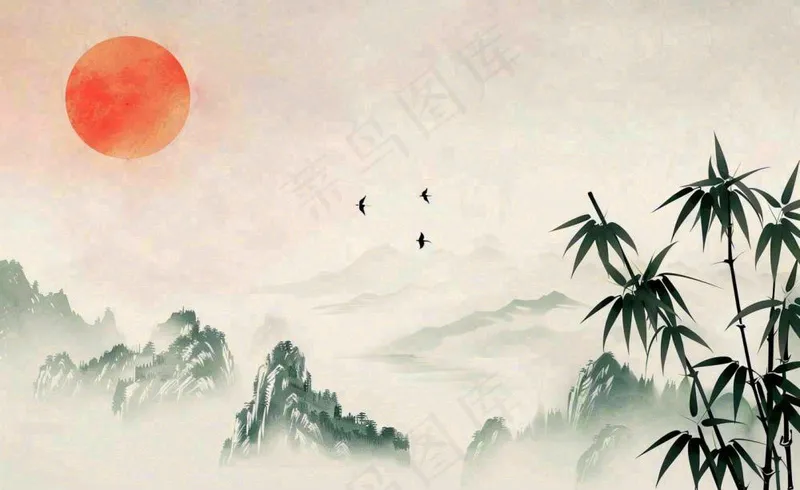 中国风古风水墨画山竹落日余晖淡雅清明端午插画背景(1408x864)
