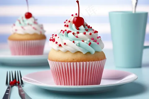 纸杯蛋糕樱桃奶油下午茶摄影图 