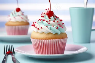 纸杯蛋糕樱桃奶油下午茶摄影图 