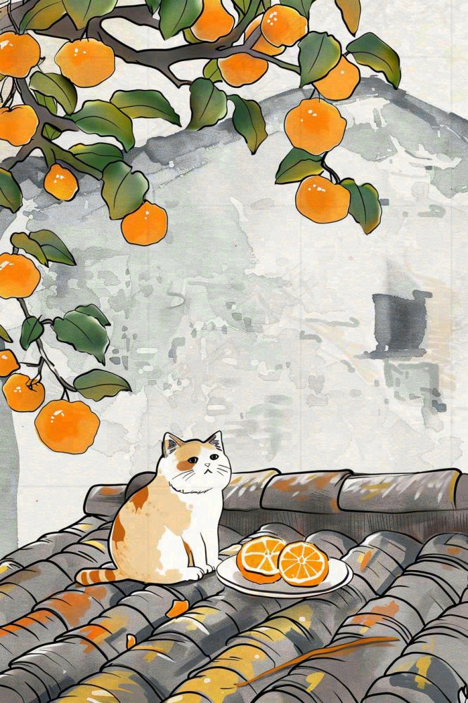 古风屋檐上的橘子树猫咪中国风插画处暑秋分白露插画背景