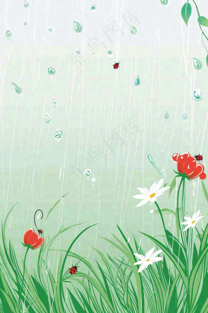 春天草丛花丛昆虫下雨天雨水惊蛰谷雨卡通插画背景(896x1344)