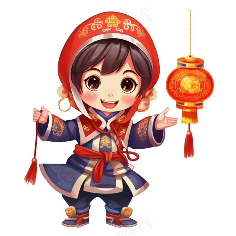 新年儿童拜年张灯结彩国潮春节红色手绘卡通插画免抠(1024x1024)